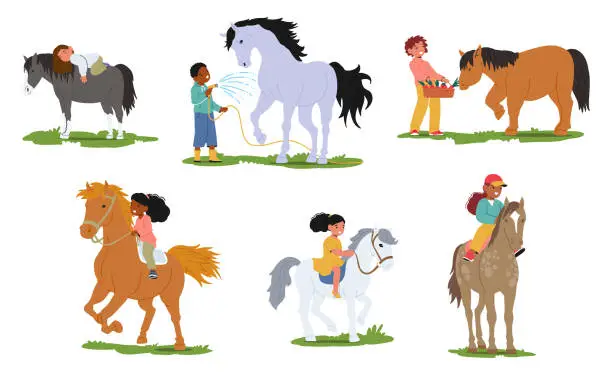 Vector illustration of Children Gently Grooming And Caring For Horses, Feeding, Washing, Riding Horseback, Laughter Echoing In The Stable