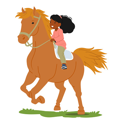 Joyful Little Girl, Character Her Laughter Echoing, Rides A Spirited Horse Through A Sunlit Summer Field, The Vibrant Green Grass Stretching Endlessly Beneath. Cartoon People Vector Illustration