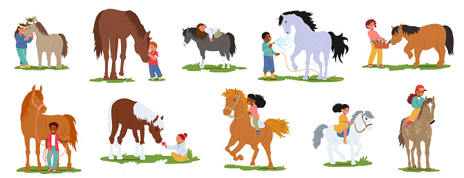 Children Tenderly Groom And Care For Their Beloved Horses. Little Boys and Girls Characters Forming Bonds Of Friendship And Trust with Their Pets at Summer Field. Cartoon People Vector Illustration