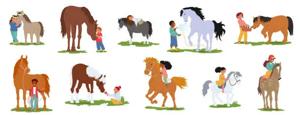 Vector illustration of Children Tenderly Groom And Care For Their Beloved Horses. Little Boys And Girls Characters Forming Bonds Of Friendship
