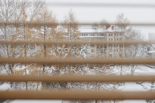 View from the window through the blinds in winter.