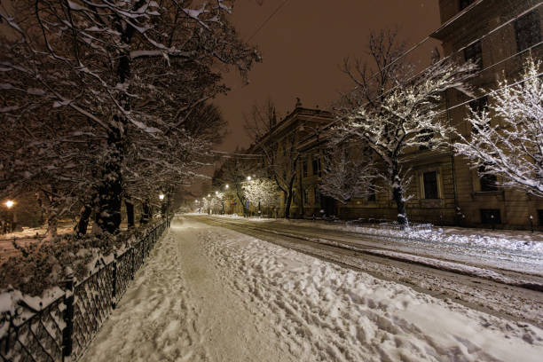 istock Night winter empty road in the city 1883485405