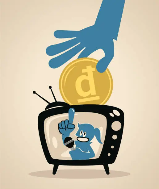 Vector illustration of A blue female host on a TV screen talking with a microphone and a big hand putting money into the TV