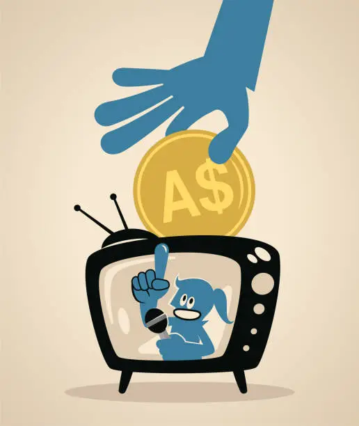 Vector illustration of A blue female host on a TV screen talking with a microphone and a big hand putting money into the TV