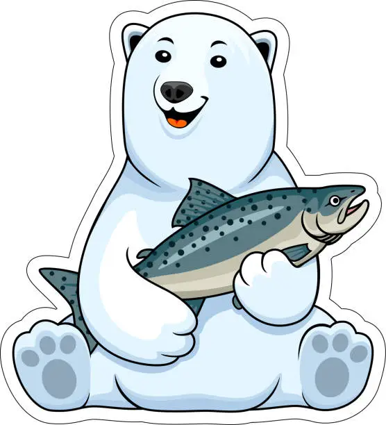 Vector illustration of Cute Vector cartoon polar bear with King Salmon fish sticker