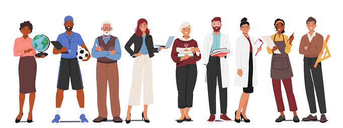 Dedicated Teachers Stand In A Row, Each An Inspiring Beacon Of Knowledge And Guidance, Ready To Shape The Minds Of Eager Learners In The Academic Journey Ahead. Cartoon People Vector Illustration