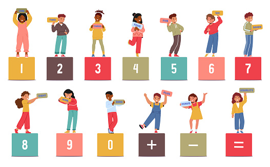 Cute Smiling Boy and Girl Character Holding Numbers and Symbols Isolated On White Background. Preschool Education, Math Learning Concept with Kids. Cartoon People Vector Illustration, Set