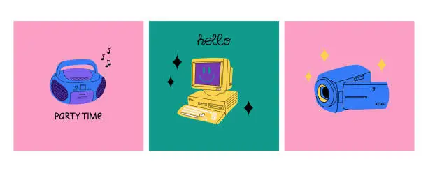 Vector illustration of Retro electronics. Computer, flip phone and record player. Tamagochi, headphones and video, camera. Y2k cute stylish attributes. 1990s 2000s style cartoon isolated vector nostalgia illustration