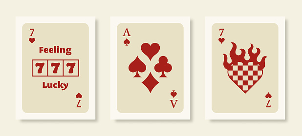 Playing Cards Posters. Retro Wall Art Prints Set with Ace, 777 Slot Machine and Heart in Flames Trendy Modern Style. Vector Illustration Collection