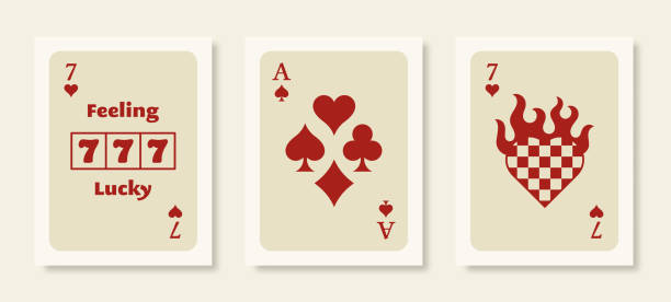 Playing Cards Posters. Retro Wall Art Prints Set with Ace, 777 Slot Machine and Heart. Vector Illustration Collection Playing Cards Posters. Retro Wall Art Prints Set with Ace, 777 Slot Machine and Heart in Flames Trendy Modern Style. Vector Illustration Collection poker card tattoos stock illustrations