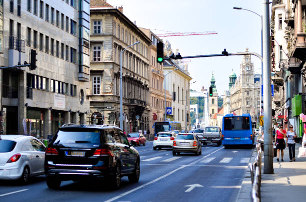 Crowded street of Budapest, Hungary.  Sunny day in Budapest.