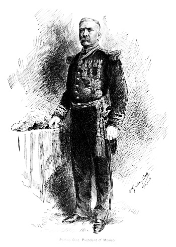 A portrait of Porfirio Díaz (September 15, 1830 –July 2, 1915) , president of Mexico for 31 years. Illustration engraving published 1895. Original edition is in my archives. Copyright expired and in Public Domain.