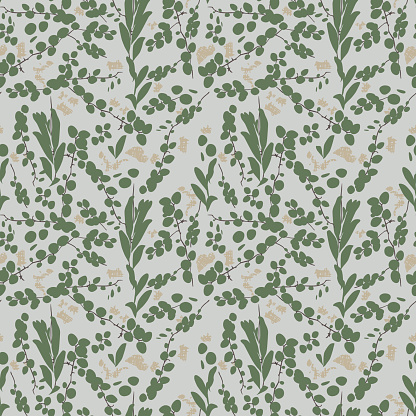Vector grey tropical round leaf creeper plant duit-duit Pyrrosia piloselloides small seamless background pattern. Suitable for wallpaper and textile. Surface pattern design.