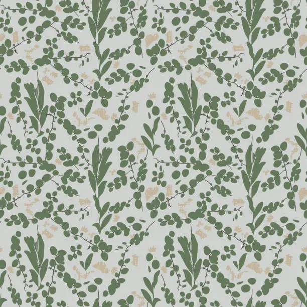 Vector illustration of Vector grey tropical round leaf creeper plant duit-duit Pyrrosia piloselloides small seamless background pattern. Suitable for wallpaper and textile.