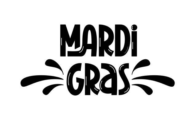 ilustrações de stock, clip art, desenhos animados e ícones de mardi gras phrase. black and white vector hand lettering. greeting card with festive quote congratulation. - mardi gras illustrations