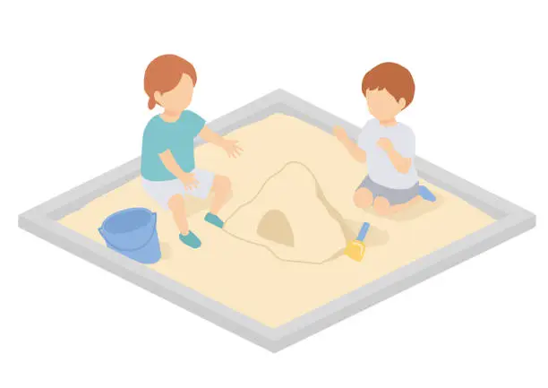 Vector illustration of Isometric illustration of children playing in the sand pit