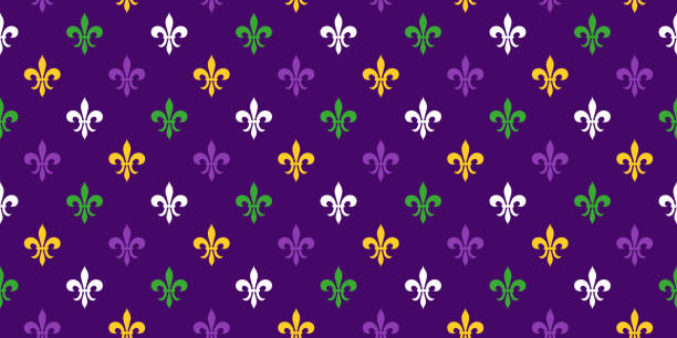 ilustrações de stock, clip art, desenhos animados e ícones de mardi gras seamless pattern with fleur de lys flower. purple, green and yellow vector background with carnival festive symbol. - mardi gras backgrounds fleur de lys symbol