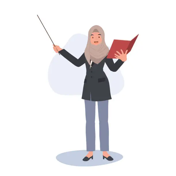 Vector illustration of Islamic Tutor. Female Muslim Teacher Education with Books and Knowledge