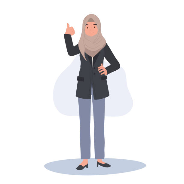 уверенная в себе мусульманская бизнесвумен в хиджабе показывает одобрение большим пальцем вверх. - women middle eastern ethnicity islam hijab stock illustrations