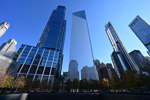 Low angle view of modern skyscrapers in Beijing.