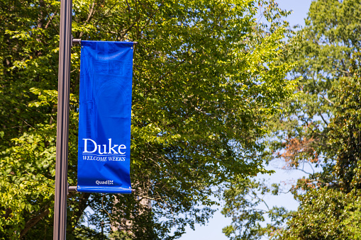 Durham, NC - September 4, 2023: Duke University banner on campus