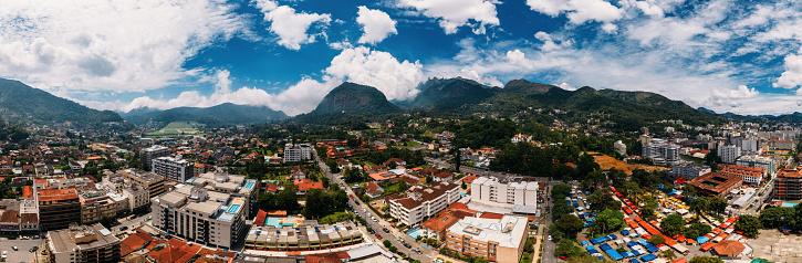 Aerial drone view of the city of Teresopolis in the mountainous region of Rio de Janeiro, Brazil. The city has a population of 184,000 and is home to the Brazilian national football team training ground