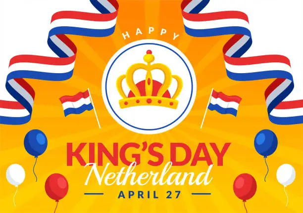Vector illustration of Happy Kings Netherlands Day Vector Illustration on 27 April with Waving Flags and Ribbon in King Celebration Flat Cartoon Background Design