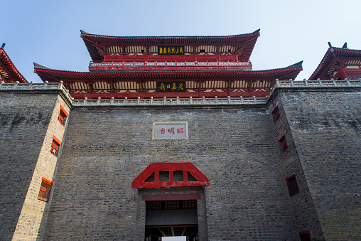 Xiangyang, Hubei, China - March 20, 2018: The historic Zhao Ming Tower stands majestically, showcasing the rich cultural heritage of Xiangyang City.
