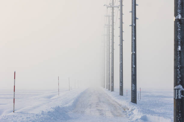 A countryside snow covered road with power poles in North Japan.