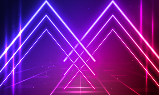Neon sci fi purple blue glowing laser arrows technology background. Podium, road, pedestal or platform with neon luminous rays. Neon magic lights arrow line. Stage with scenic lights. Futuristic Vector EPS10