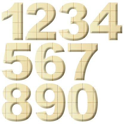 Close-up of three-dimensional old tiles numbers from 0 to 9 on white background.