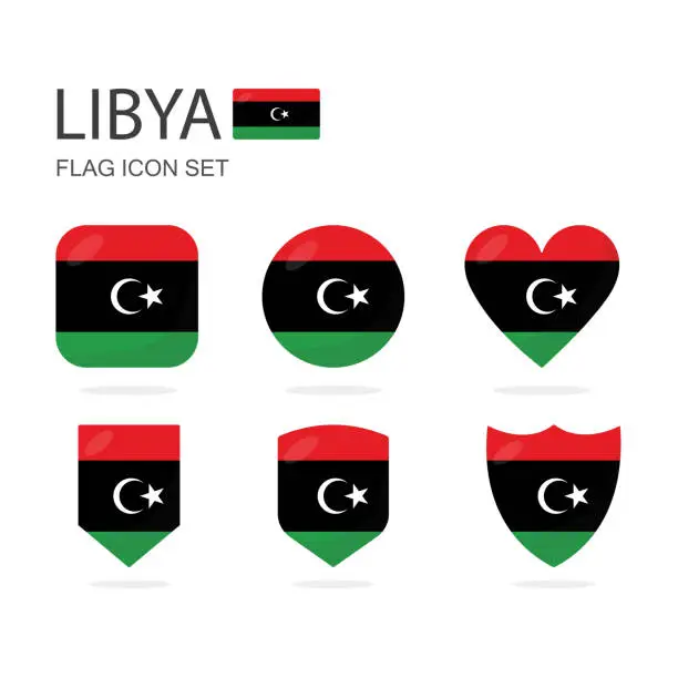 Vector illustration of Libya 3d flag icons of 6 shapes all isolated on white background.