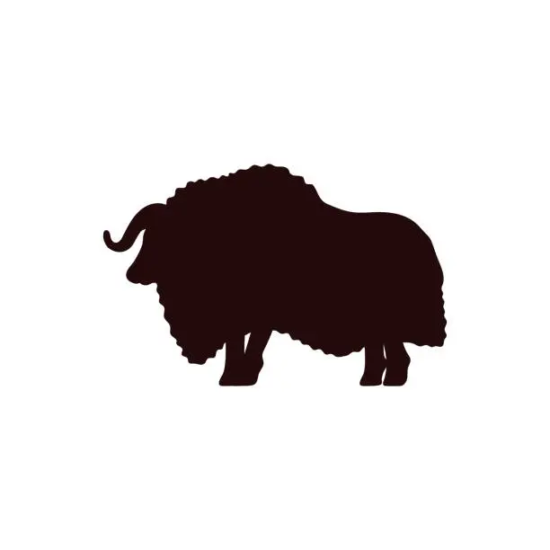 Vector illustration of Muskox black silhouette, powerful arctic animal symbol, Northern horned large ungulate mammal, vector wild tundra animal