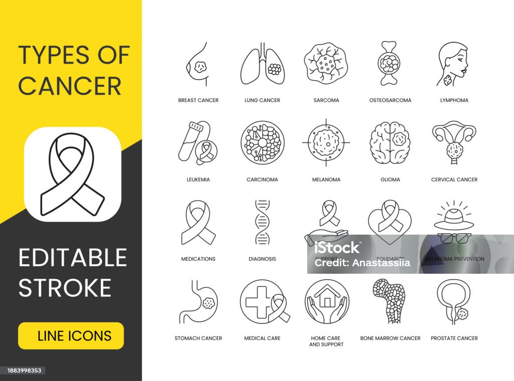 Tipi di cancro impostare icone di linee vettoriali con tratto modificabile. Osteosarcoma e carcinoma polmonare, linfoma e sarcoma, carcinoma mammario e glioma, carcinoma in situ e tumore della cervice uterina, melanoma e leucemia - arte vettoriale royalty-free di Icona Tipi di cancro impostare icone di linee vettoriali con tratto modificabile. Osteosarcoma e carcinoma polmonare, linfoma e sarcoma, carcinoma mammario e glioma, carcinoma in situ e tumore della cervice uterina, melanoma e leucemia - arte vettoriale royalty-free di Icona