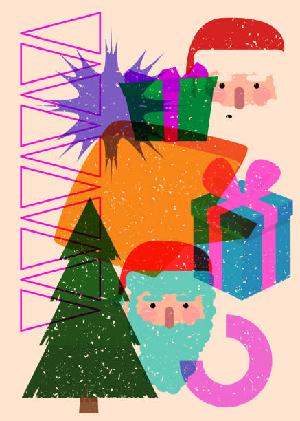istock Risograph holiday, Christmas with speech bubble and geometric shapes. Pine Tree, Gift Box, Santa Claus Head, face with objects in trendy riso graph print texture style design with geometry elements. 1884008095