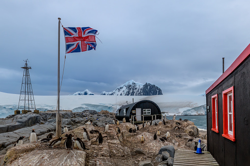 British flag and Gentoo Penguins are seen outside Port Lockroy, the British Antarctic base, Port Lockroy, Wiencke Island in the Palmer Archipelago, Antarctica