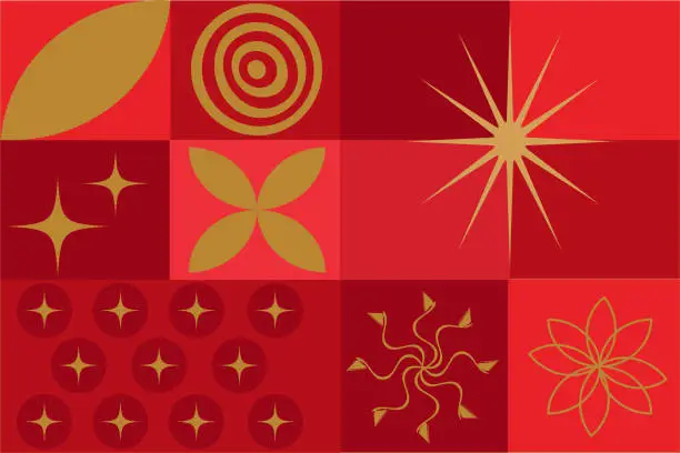 Vector illustration of Happy Chinese New Year luxury style pattern background vector. Golden coins,stars, flower, firework in red geometric shapes wallpaper. Oriental design for backdrop, card, poster, advertising