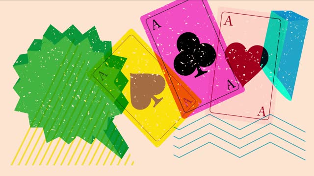 Risograph Playing Card with speech bubble and geometric shapes animation.