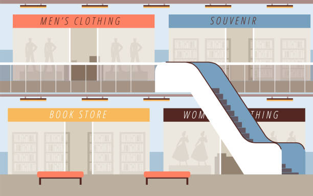 istock Empty shopping mall or supermarket aisle with escalator, retail with many shops book store, souvenir, clothing vector 1884037911