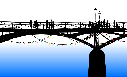 Silhouette illustration of a European bridge with just pedestrians and no cars.