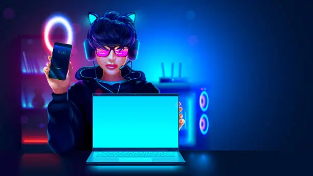 Vector illustration of laptop screen. Blogger teenage girl. Gaming laptop. Computer vlogger streamer.