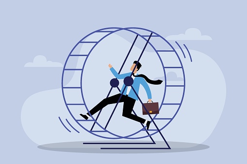 Businessman in hamster wheel 2d flat vector illustration