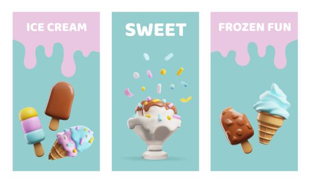 пннгпнгÑнгÑÑÑÑÑÑÑг Set of flyers with different ice creams 3D style, vector illustration isolated on white background. Decorative designs collection, frozen fun, sweet dessert, tasty food ice cream stock illustrations