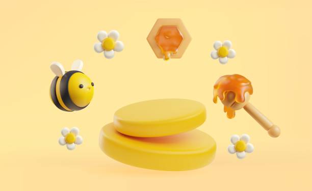 illustrazioni stock, clip art, cartoni animati e icone di tendenza di illustrazione vettoriale 3d a nido d'ape, mestolo di miele, fiori, ape e miele, cibo dolce naturale realistico a cellule esagonali dei cartoni animati - honey dipper