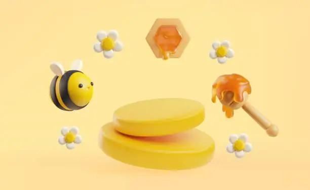 Vector illustration of Honeycomb, honey dipper, flowers, bee and honey 3D vector illustration, realistic cartoon hexagon cells natural sweet food