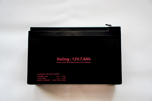 Picture of a 12 volt UPS battery for backing up computer and electronic equipment.