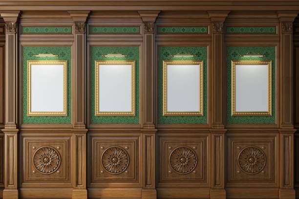 istock Cabinet wall background wood panels gold frame 1884121855