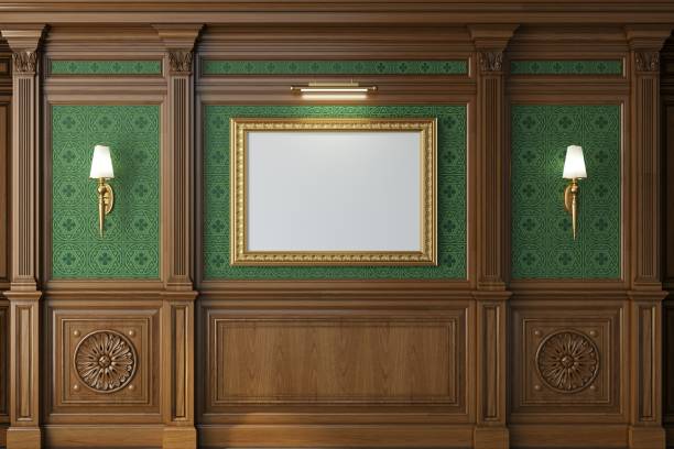 istock Cabinet wall background wood panels gold frame 1884121857