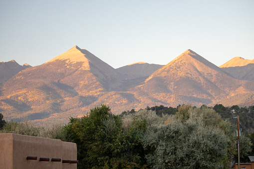 Twin Sisters mountain peaks in the San Juan range of the Rocky Mountains as seen from Howard Colorado United States