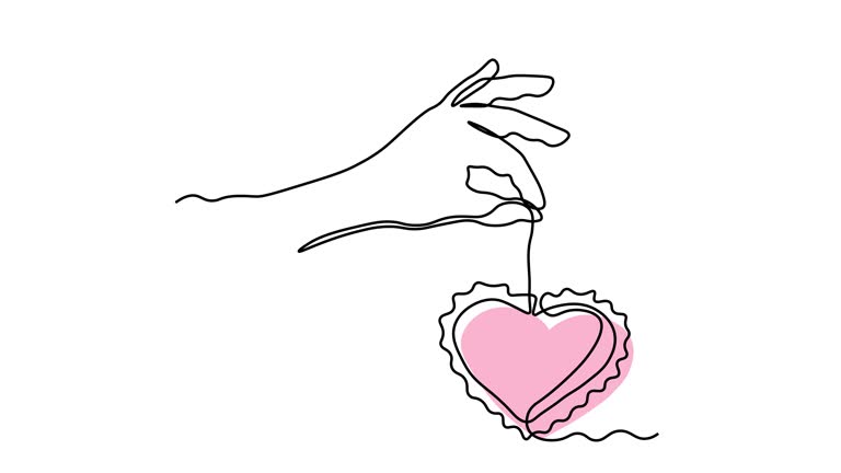 Self drawing animation with one continuous line draw, a hand with a heart